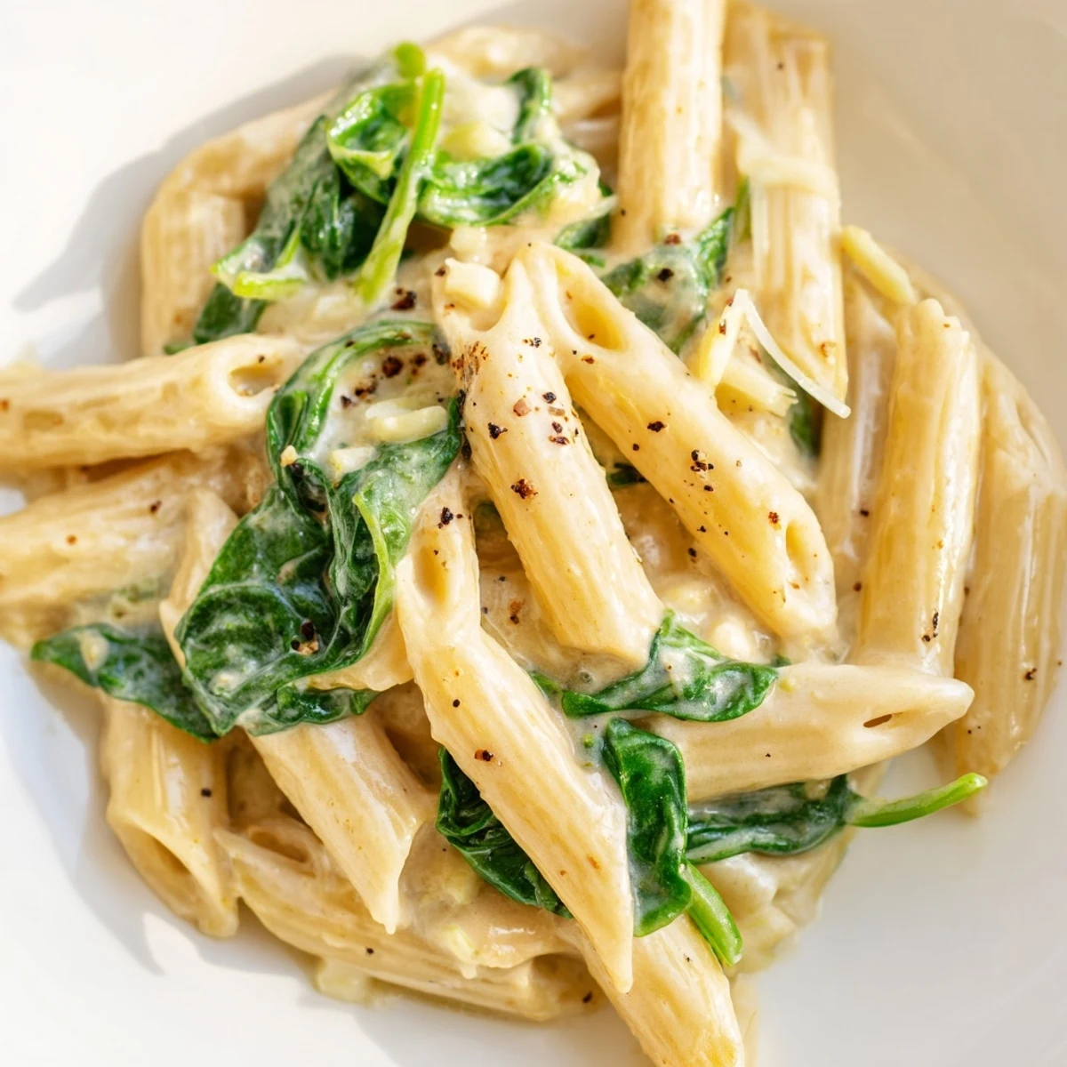 Close-up of Creamy Spinach Pasta in a white bowl, steam rising from the rich, cheesy vegetarian sauce.