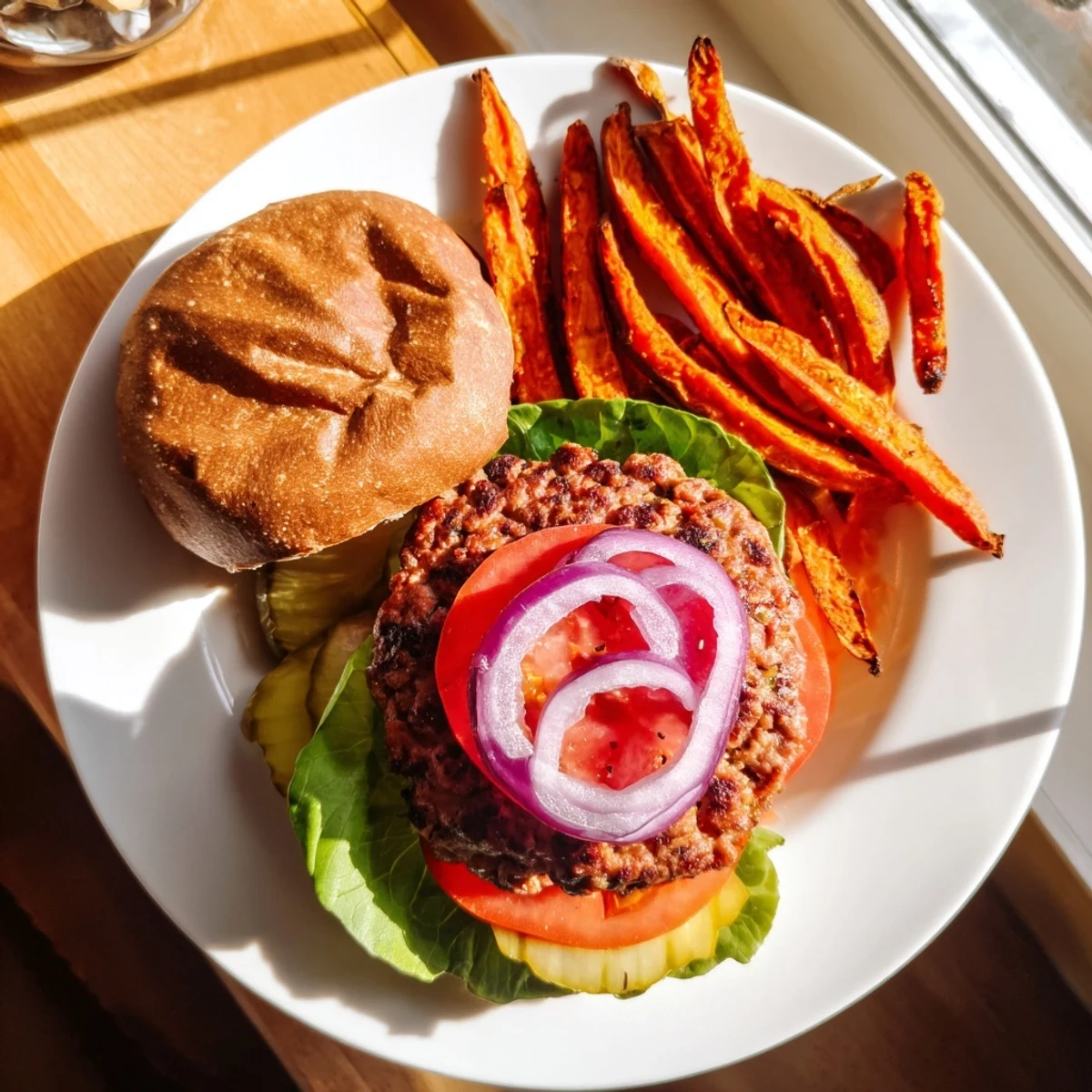 Freshly grilled turkey burgers topped with lettuce, tomato, and onion, served alongside golden, oven-baked sweet potato fries on a rustic plate.