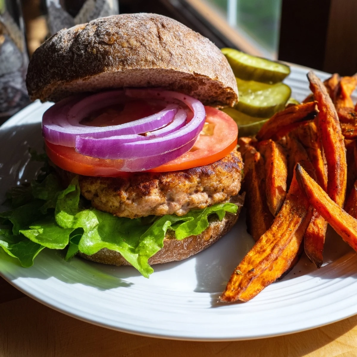 Golden-brown turkey patties with seasoned sweet potato fries, presented on a wooden board for a hearty, American-style meal.