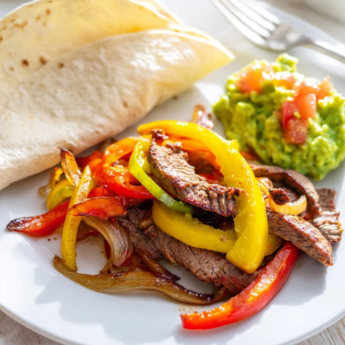 Tender slices of Beef Fajitas with Guacamole nestled in soft tortillas, topped with chunky avocado and juicy peppers for a satisfying meal.