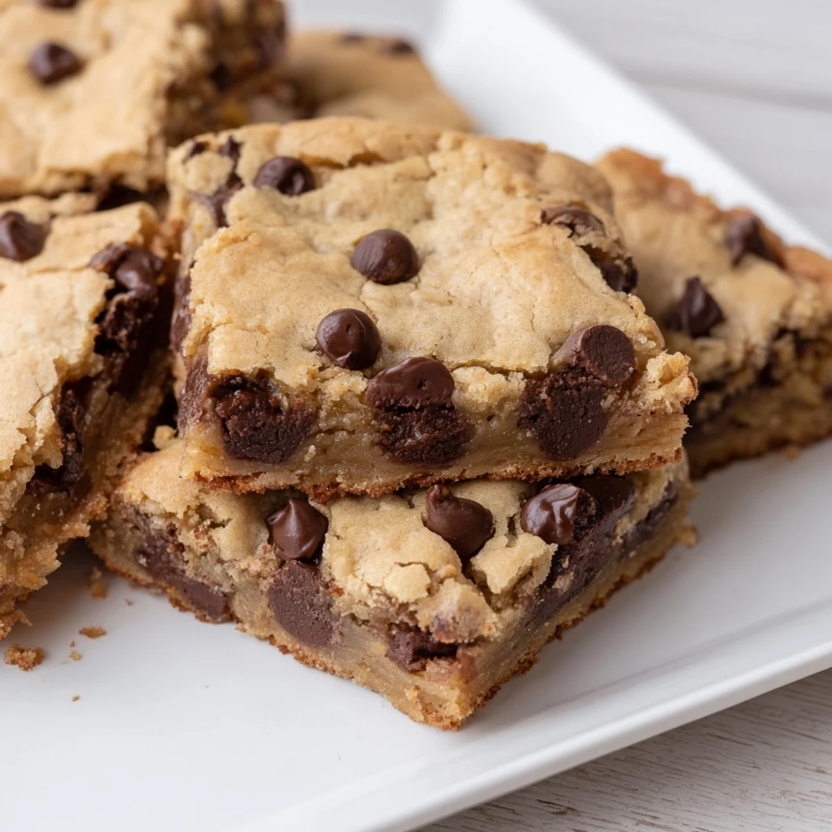 Warm Chocolate Chip Cookie Bars stacked on a dessert plate, ready to serve with a scoop of vanilla ice cream.