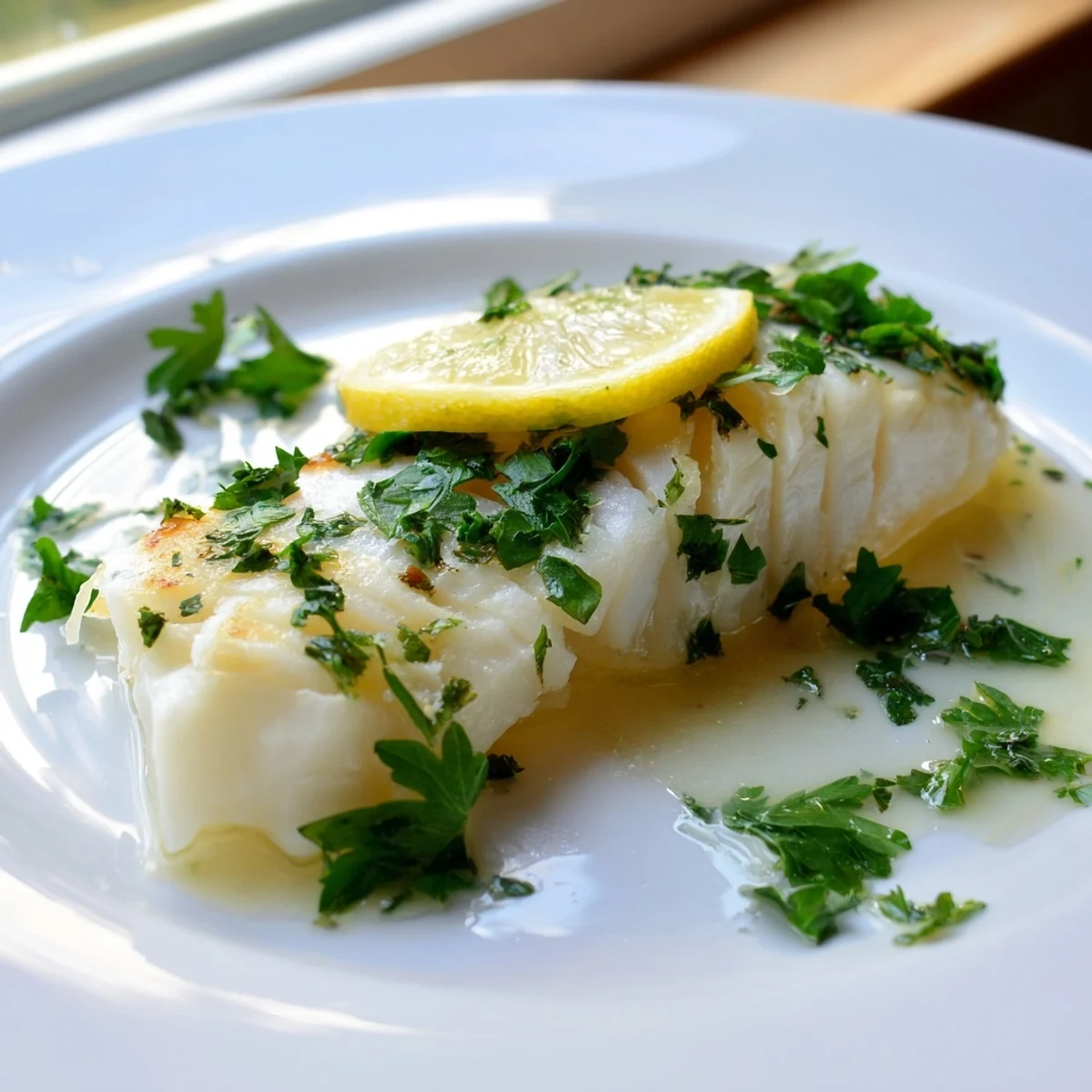 Flaky, tender baked cod with lemon butter served alongside colorful roasted vegetables on a white plate.  