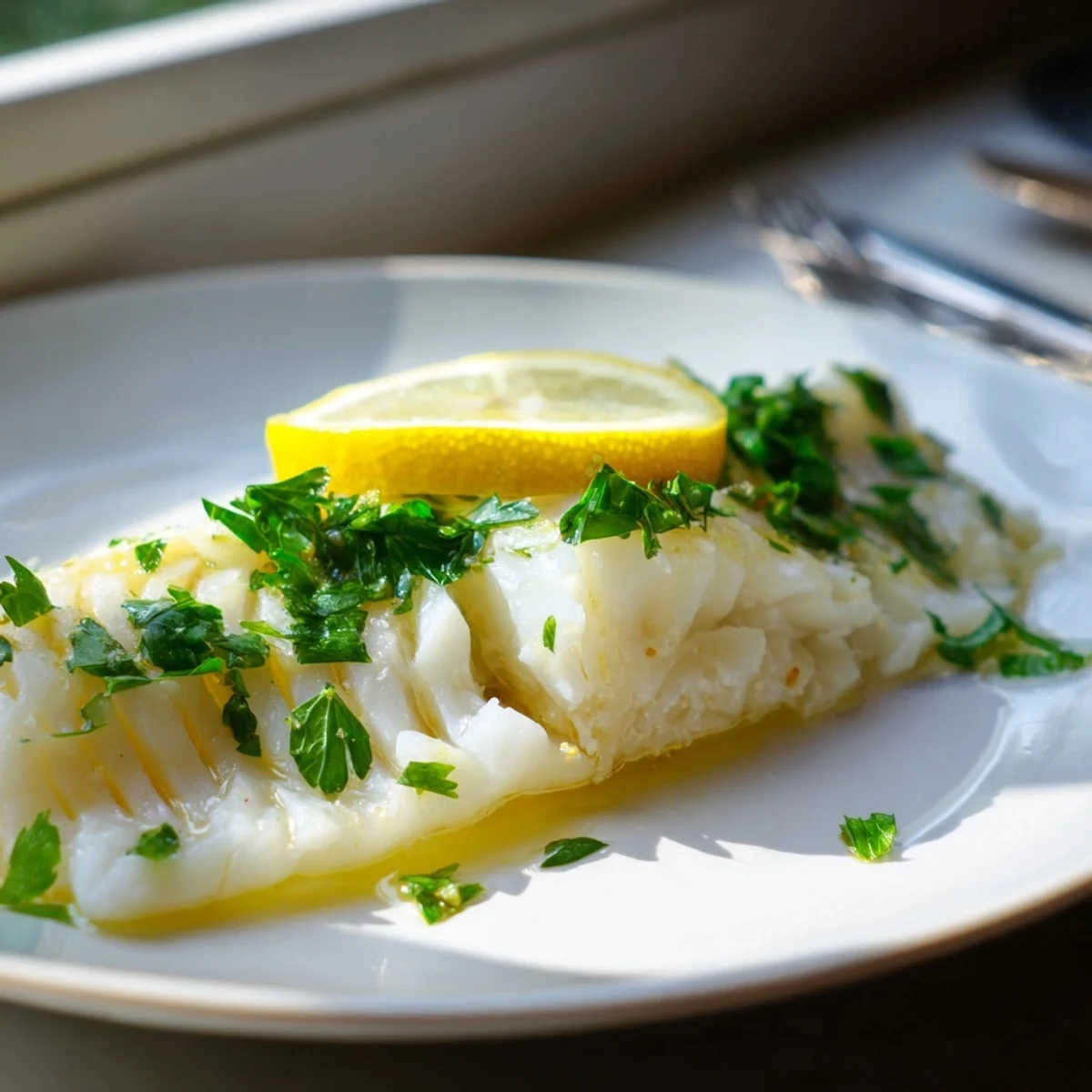 Golden-brown baked cod fillets glistening with a rich lemon butter sauce, garnished with fresh parsley and lemon slices.  