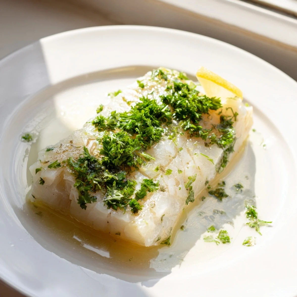 A close-up of Baked Cod with Lemon Butter, highlighting the herb garnish and zesty citrus wedge garnish.