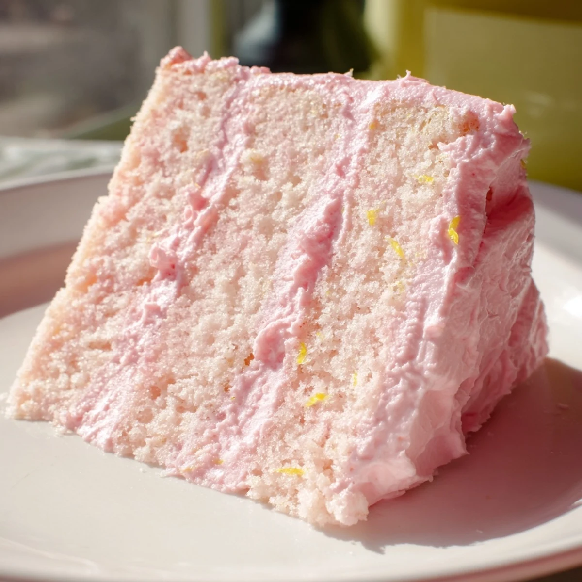The freshly frosted Pink Lemonade Layer Cake showcases smooth pink frosting and a hint of lemon zest for garnish.