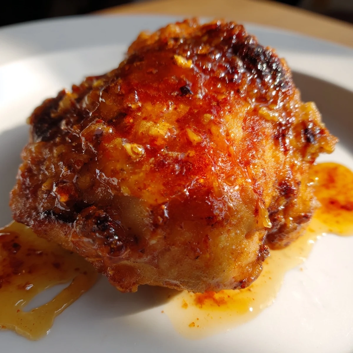 A close-up of Southern Fried Chicken with Hot Honey shows juicy, golden-brown meat with a sticky drizzle.