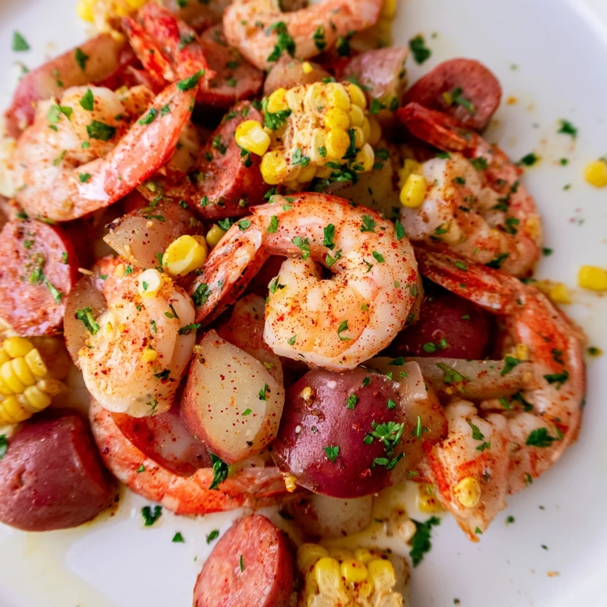 A generous platter of Mardi Gras Shrimp Boil with pink shrimp, corn, and sausage on newspaper.