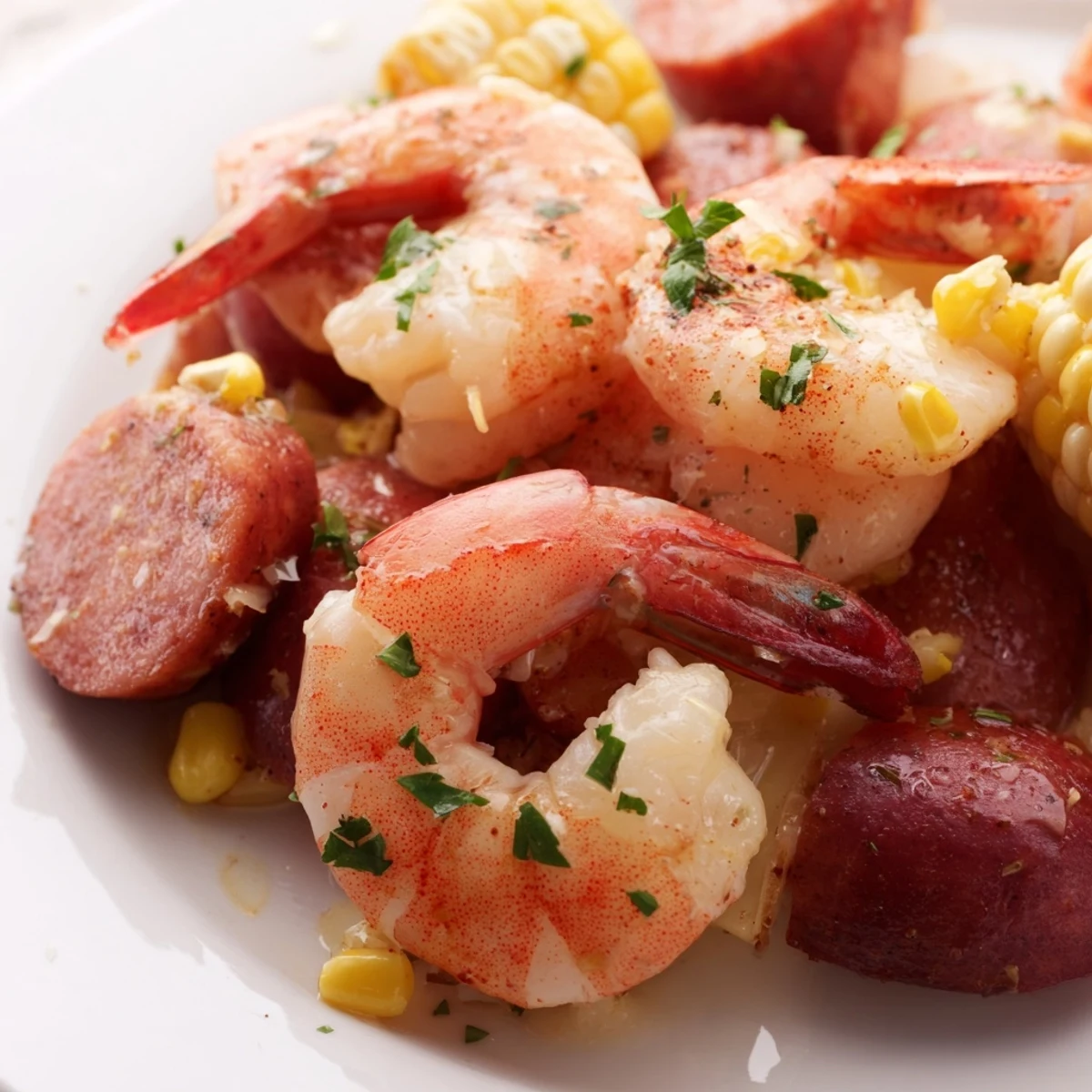 A close-up of Mardi Gras Shrimp Boil highlights the juicy shrimp and melted butter.