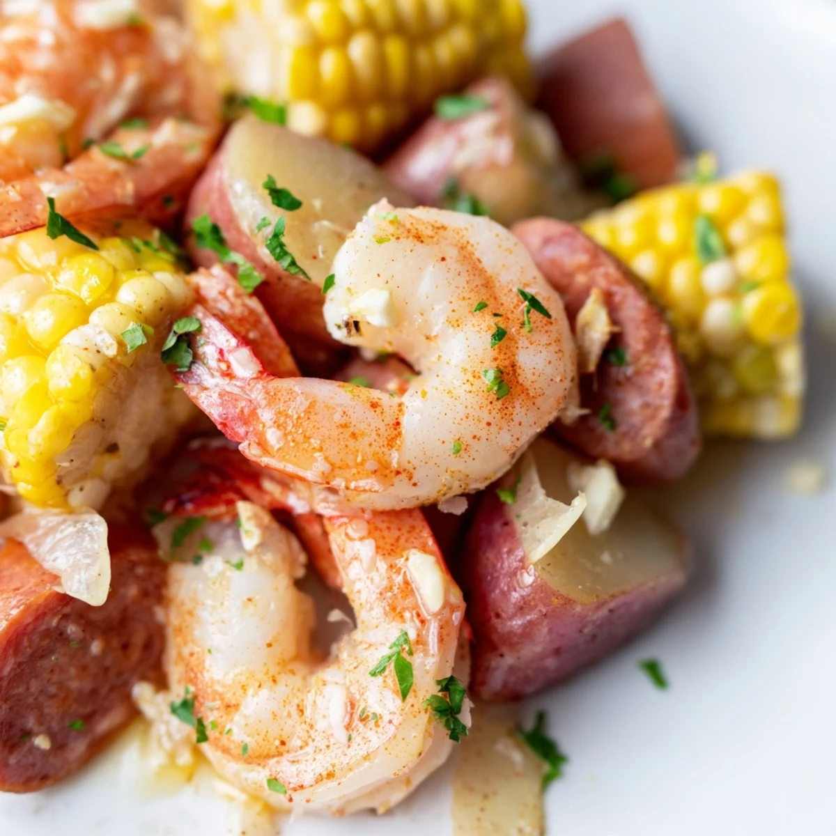 Steam rises from a serving of Mardi Gras Shrimp Boil with potatoes and Cajun spices.