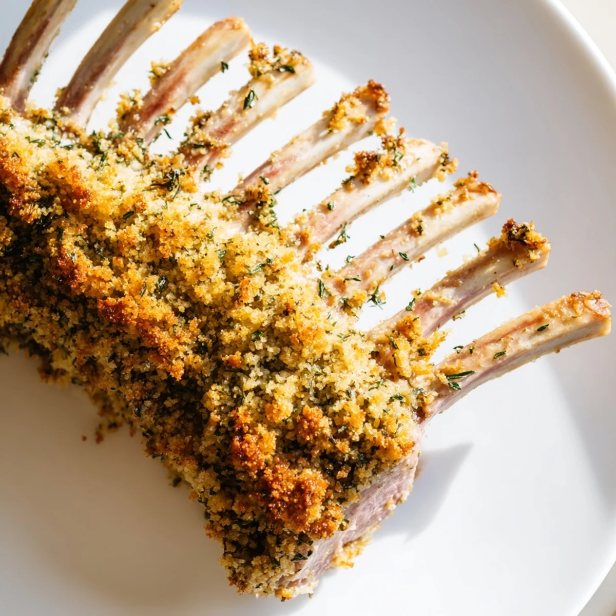 A perfectly roasted Romantic Rack of Lamb with Herb Crust, featuring a golden, crispy herb topping and juicy, pink interior.