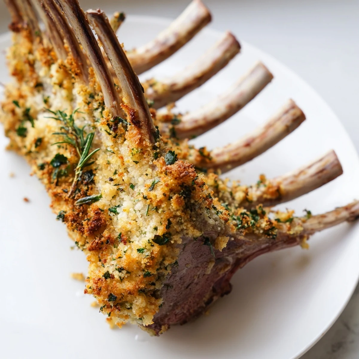 Sliced chops of Romantic Rack of Lamb with Herb Crust served beside creamy mashed potatoes and rich red wine sauce.