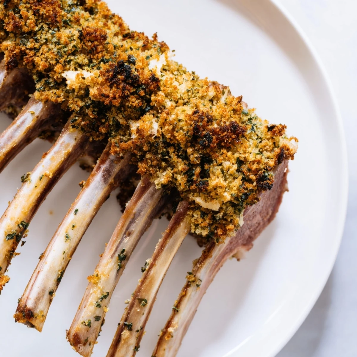 Fork-tender Romantic Rack of Lamb with Herb Crust presented on a rustic platter, garnished with fresh rosemary and thyme.