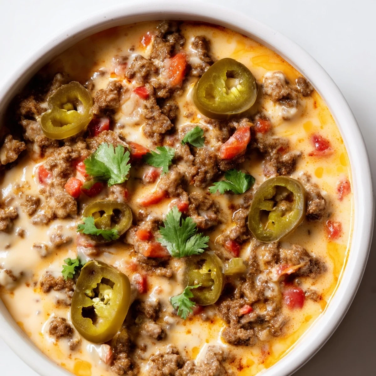 A creamy, cheesy Super Bowl Spicy Beef Queso Dip with seasoned ground beef and peppers, ready for dipping.  