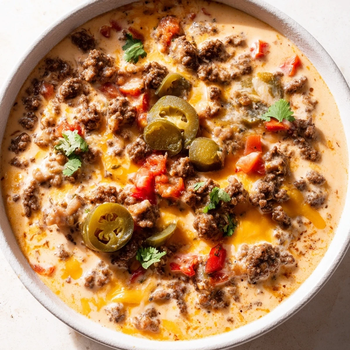 Steaming hot Super Bowl Spicy Beef Queso Dip topped with fresh cilantro and jalapeños, served in a rustic bowl.  