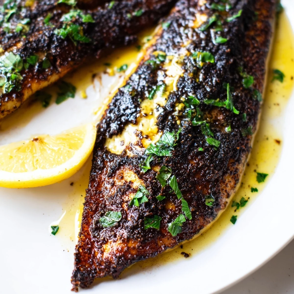 Golden-brown Cajun Blackened Catfish fillets sizzling in a cast-iron skillet with a drizzle of vibrant lemon butter sauce.  