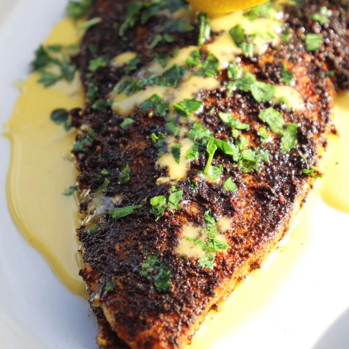A close-up of Cajun Blackened Catfish with a crispy spice crust, topped with fresh parsley and lemon zest.  