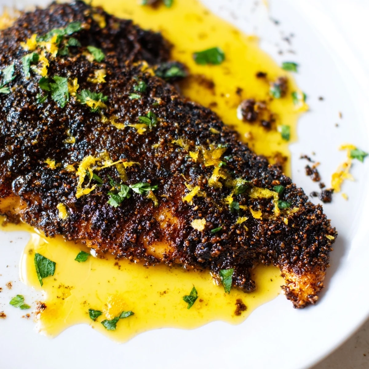 Served Cajun Blackened Catfish with lemon butter on a white plate, paired with steamed rice and sautéed greens.