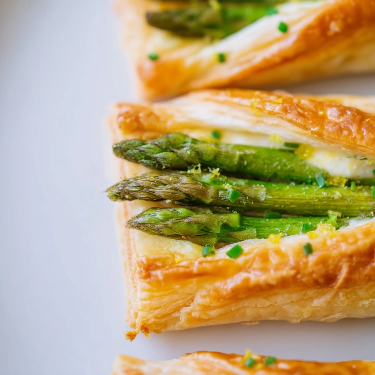 A close-up of a golden Green Asparagus Tart with Puff Pastry, featuring tender asparagus spears and melted cheese.