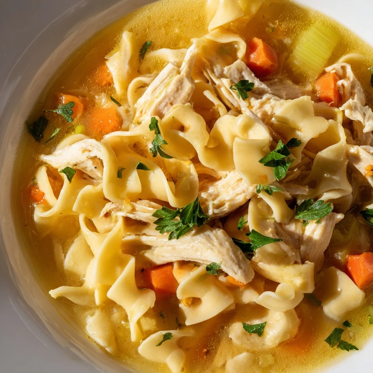 A comforting bowl of classic chicken noodle soup, featuring wide egg noodles and vegetables in a flavorful broth.