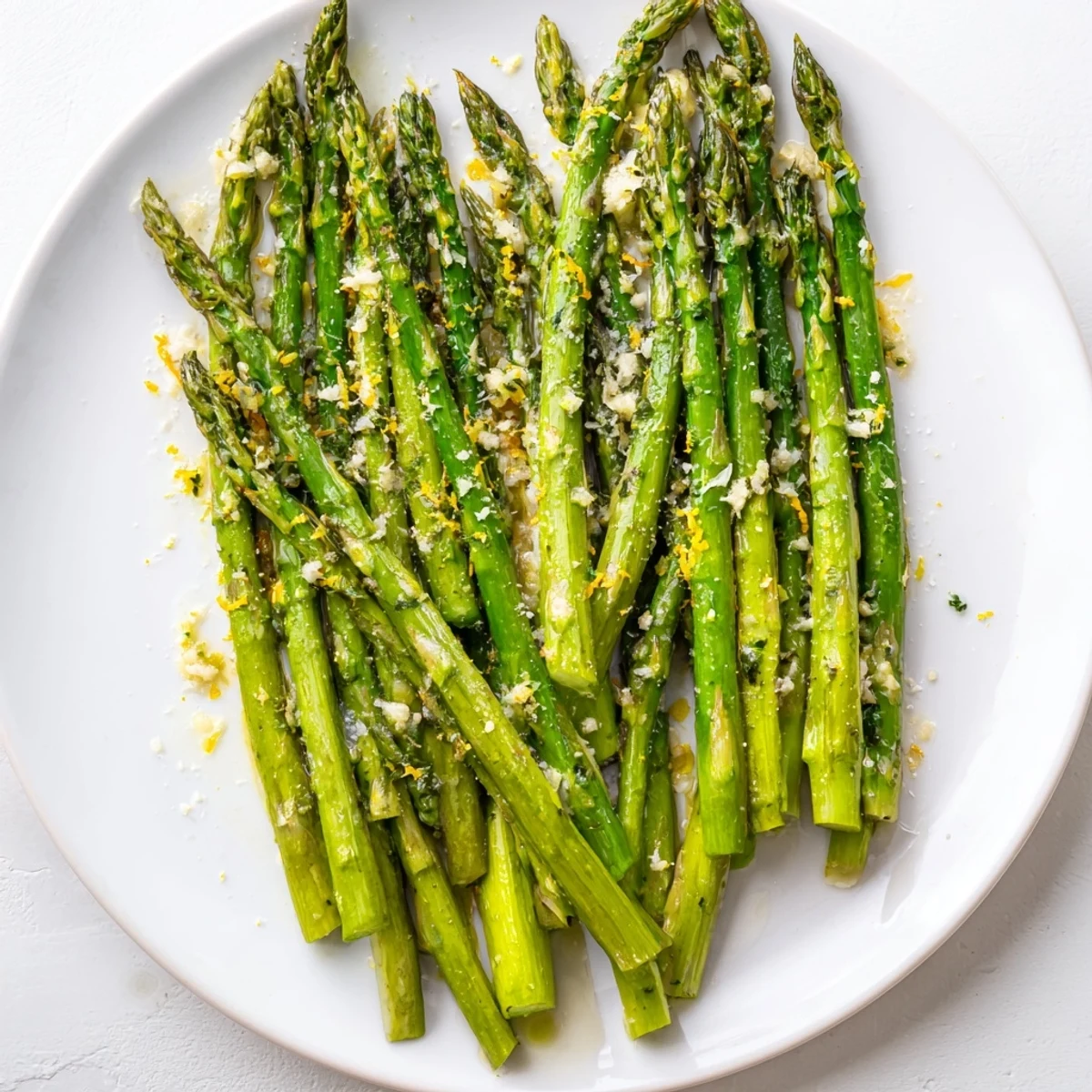 Fresh Lemon Garlic Asparagus with Parmesan arranged on a white platter, garnished with extra lemon zest and shavings of cheese, perfect for spring dinners.