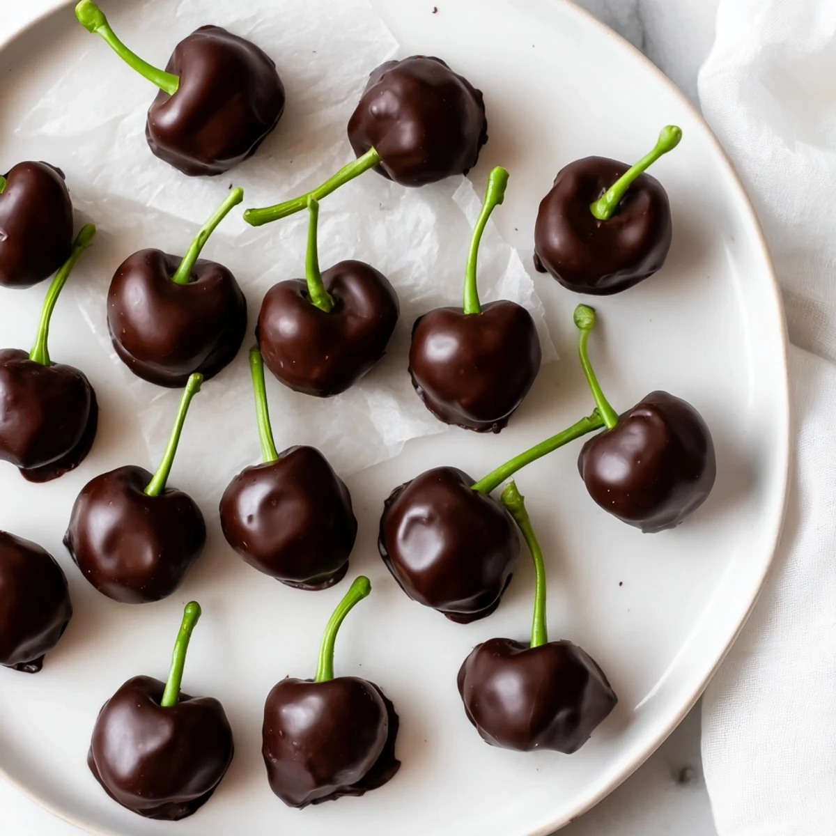 Glossy Valentine Chocolate Covered Cherries on parchment, maraschino stems visible with rich dark chocolate coating.