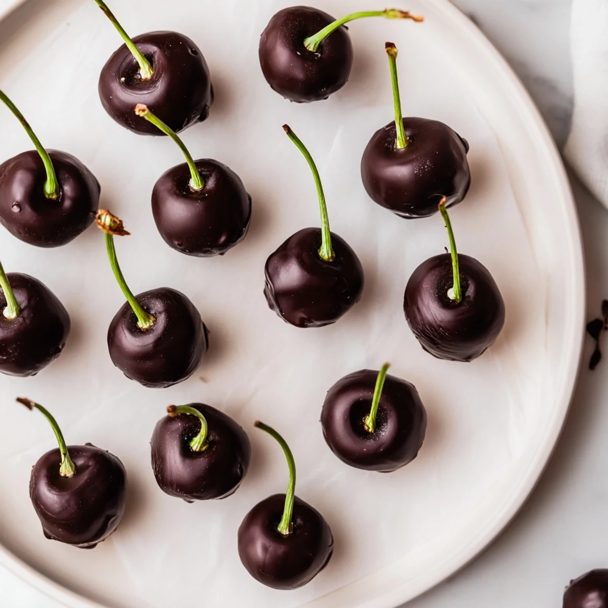 Festive Valentine Chocolate Covered Cherries arranged on a tray, dipped in silky chocolate with a hint of coconut oil.