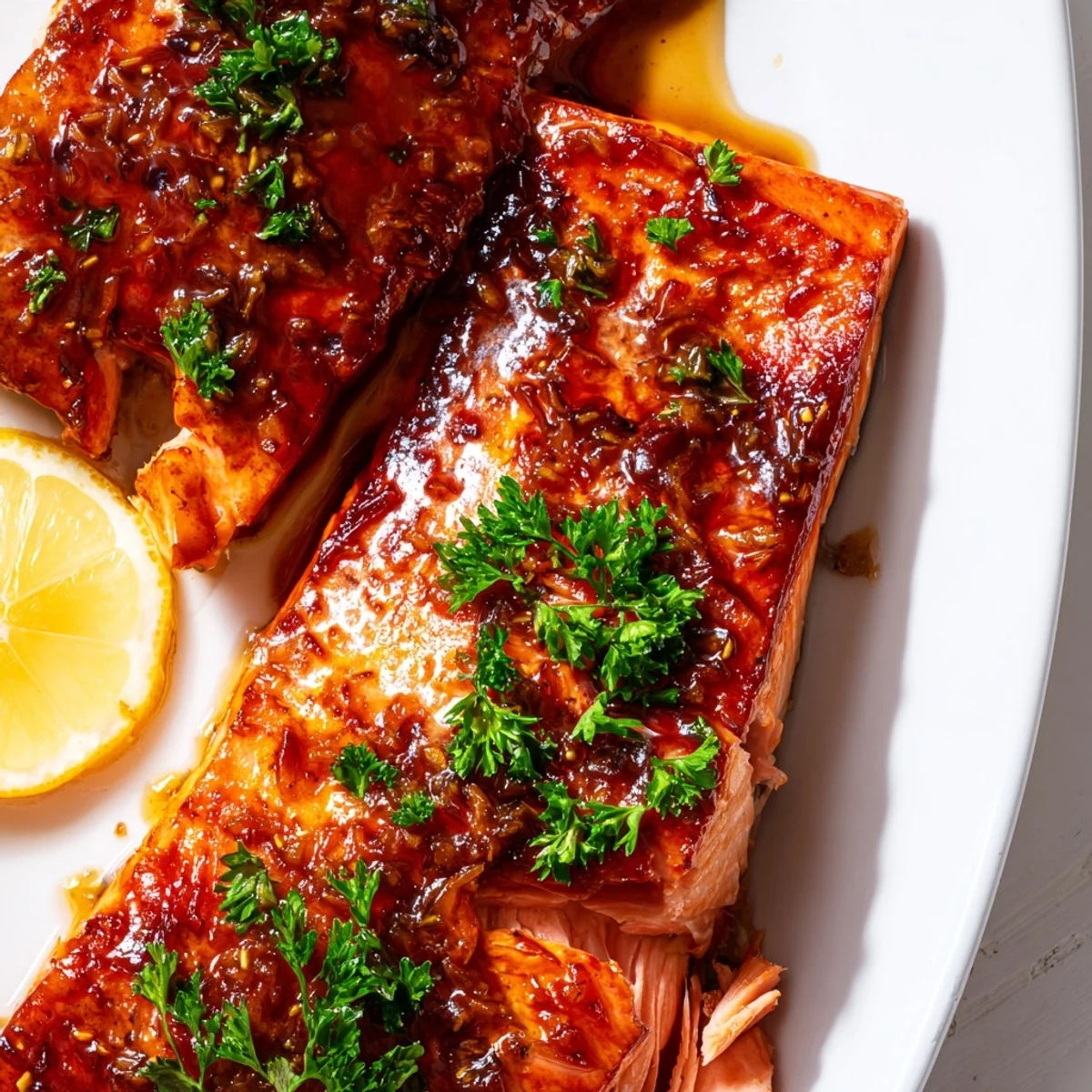 A close-up of baked salmon with honey garlic glaze glistening on top, garnished with fresh parsley and served with lemon wedges.