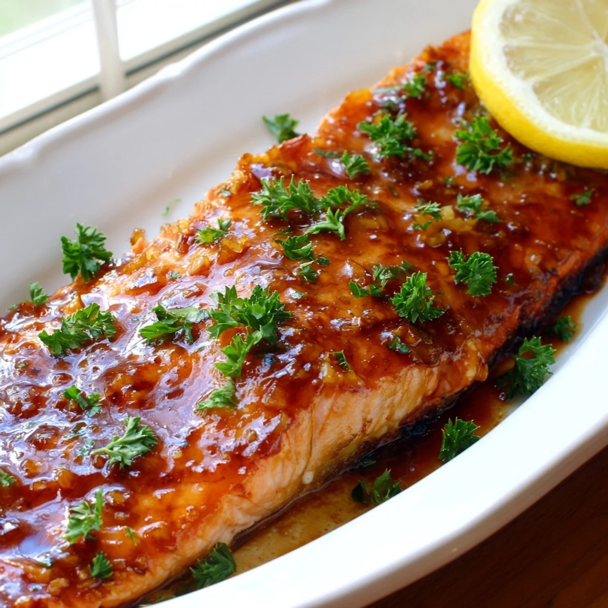 Tender baked salmon fillets with a sticky honey garlic glaze, paired with steamed rice and roasted vegetables for a complete meal.