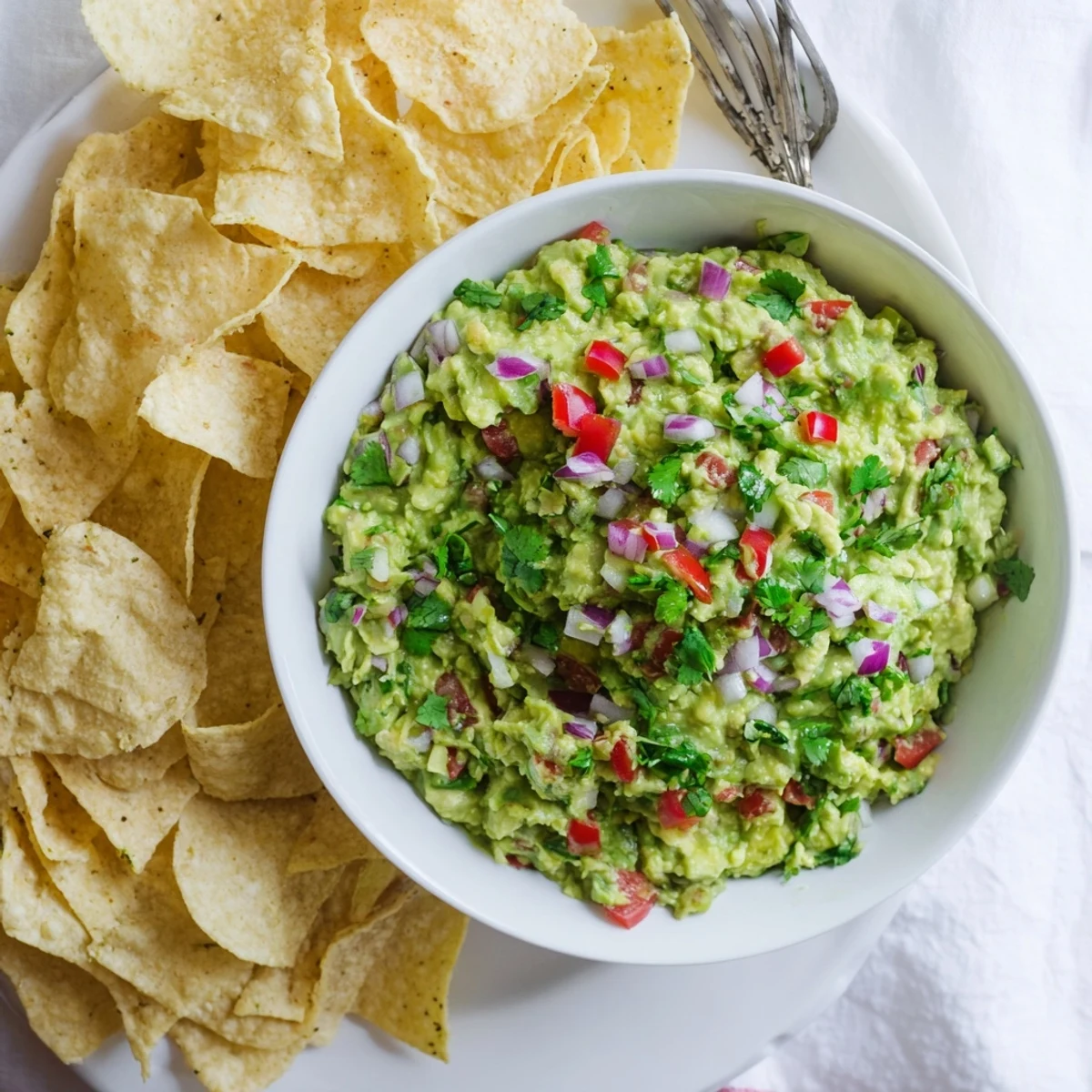 A bowl of creamy, chunky Super Bowl Guacamole with crispy tortilla chips, perfect for game day snacking.  