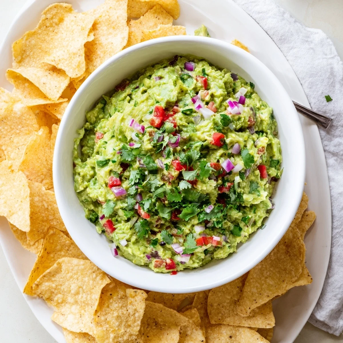 Homemade Super Bowl Guacamole garnished with fresh cilantro and lime wedges alongside golden tortilla chips.  