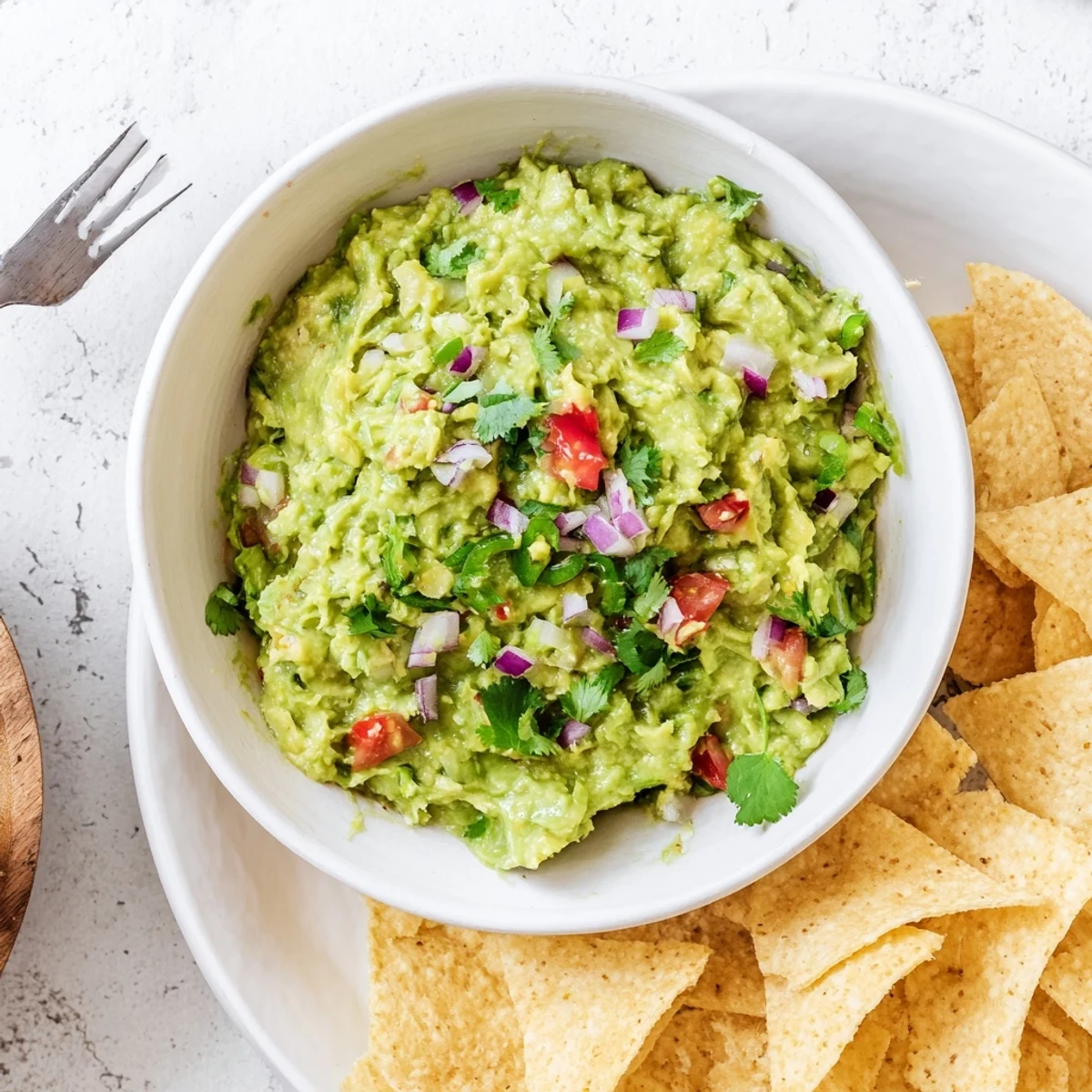 A vibrant platter of Super Bowl Guacamole and chips, ideal for sharing during a football party.