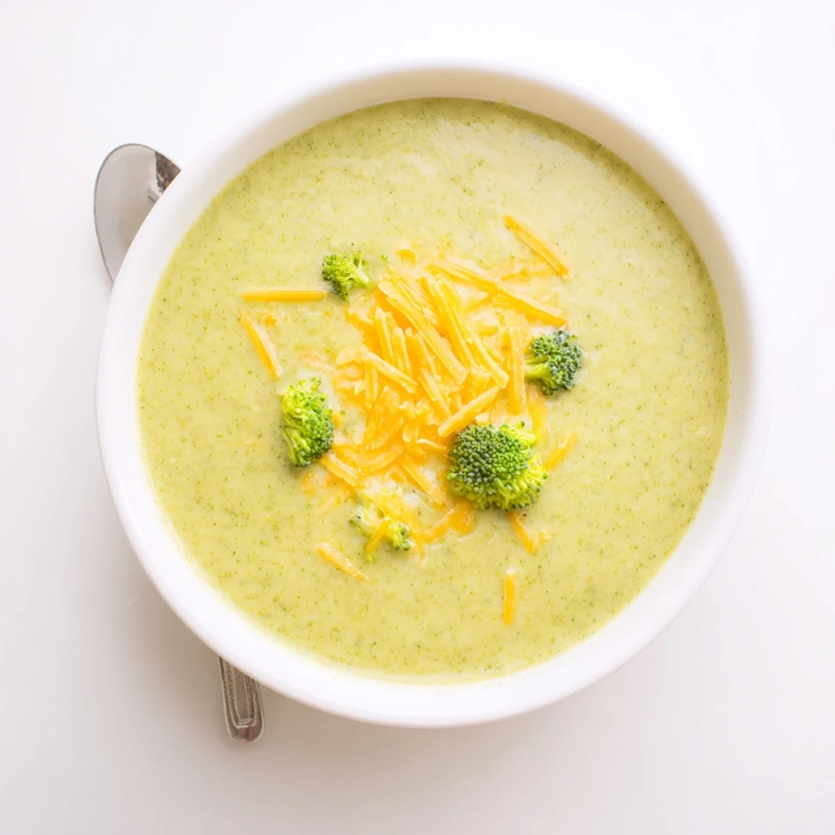 Creamy Green Broccoli Cheddar Soup simmered in a pot with tender broccoli florets and sharp cheddar, ready to serve.
