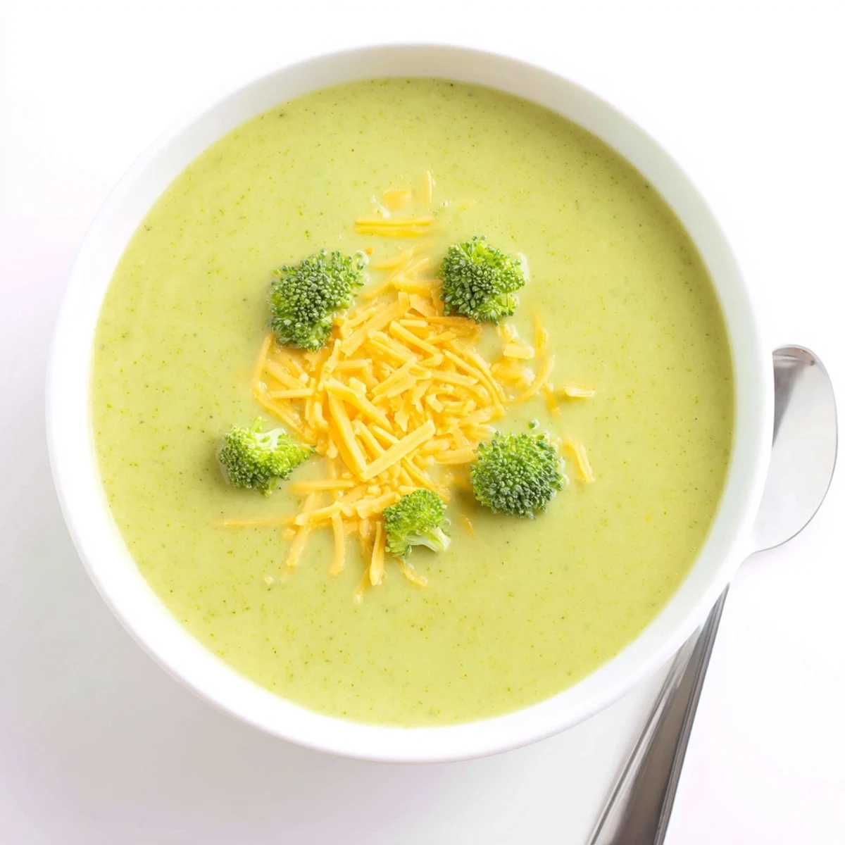 Hearty bowl of homemade Green Broccoli Cheddar Soup garnished with fresh herbs and a side of crusty bread.