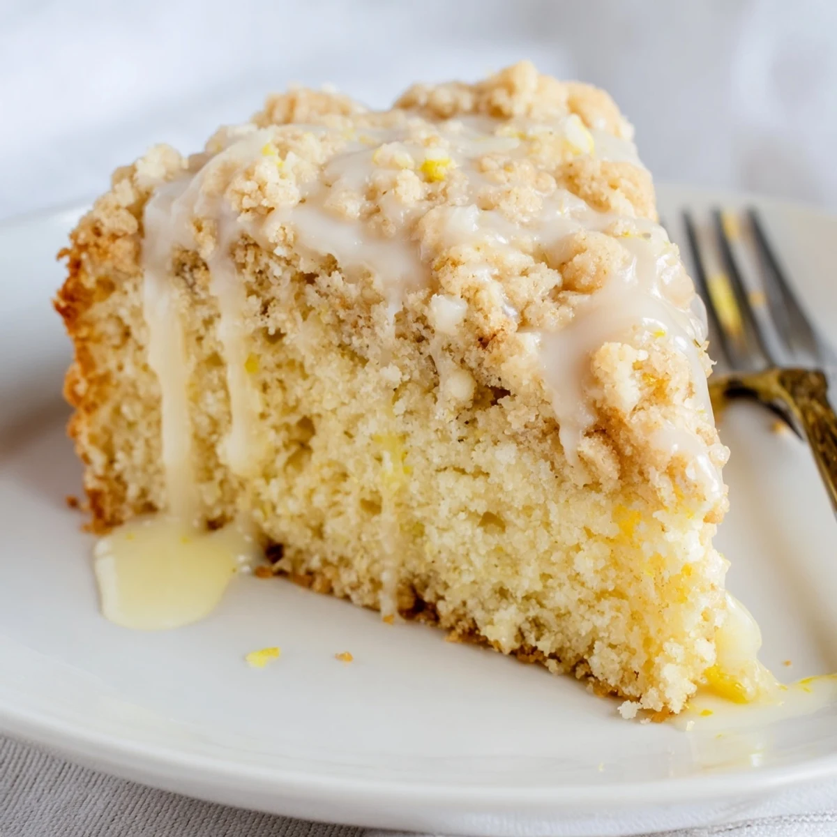 Golden-brown Lemon Coffee Cake with Crumble, fresh from the oven, rests on a cooling rack with vibrant lemon zest sprinkled on top.