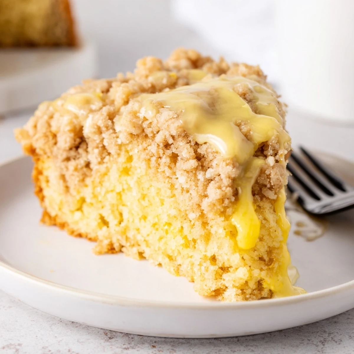 A moist slice of Lemon Coffee Cake with Crumble reveals tender crumb and a buttery, crunchy topping, perfect for a cozy breakfast.