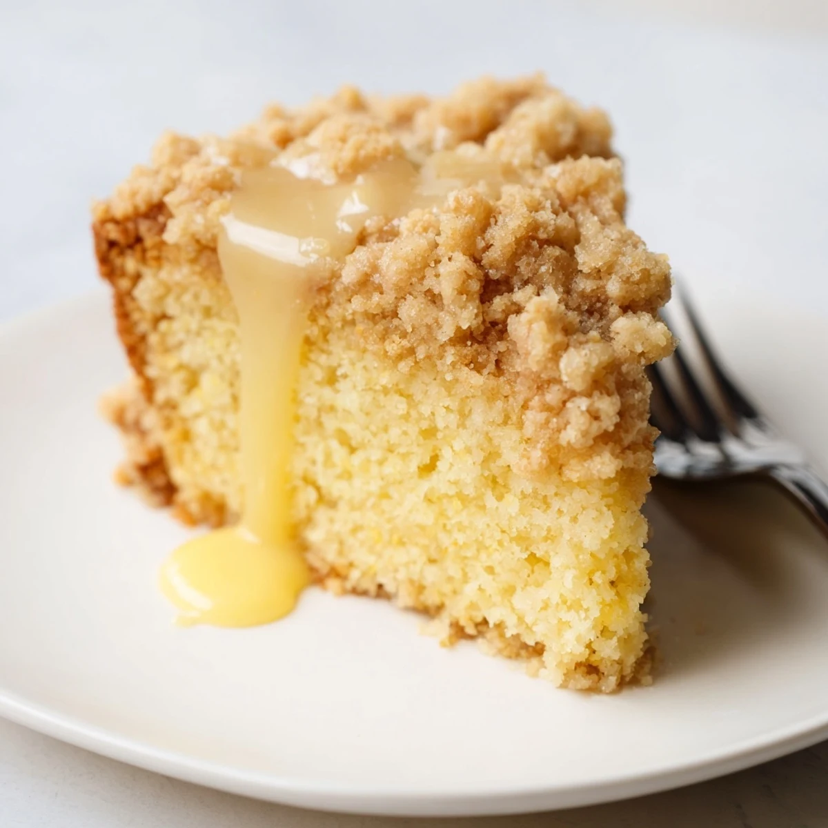 Freshly glazed Lemon Coffee Cake with Crumble, served on a white plate with a cup of coffee, highlights the zesty citrus aroma.