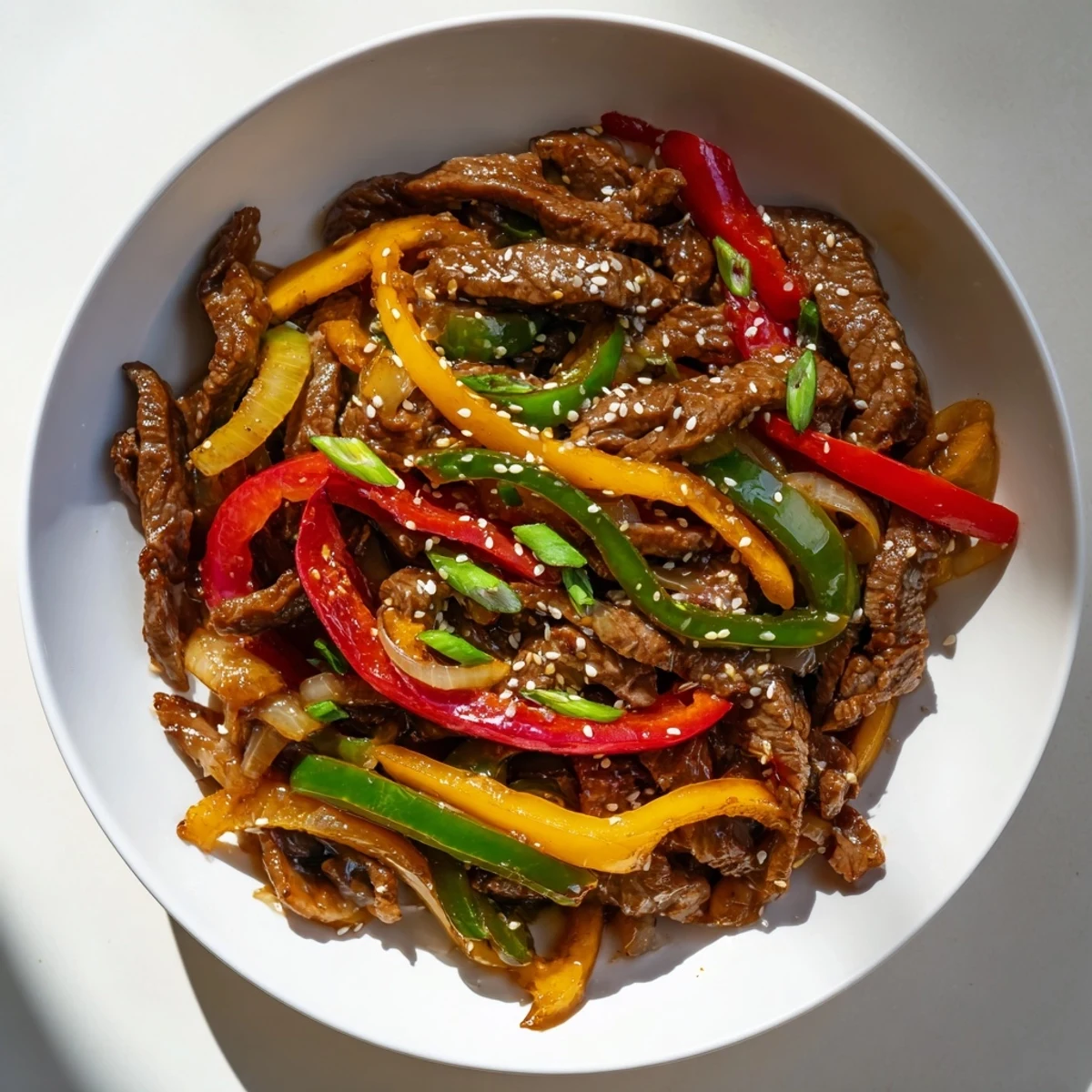 A close-up view of sizzling Spicy Beef and Pepper Stir Fry highlights fresh garlic and ginger in a wok.  