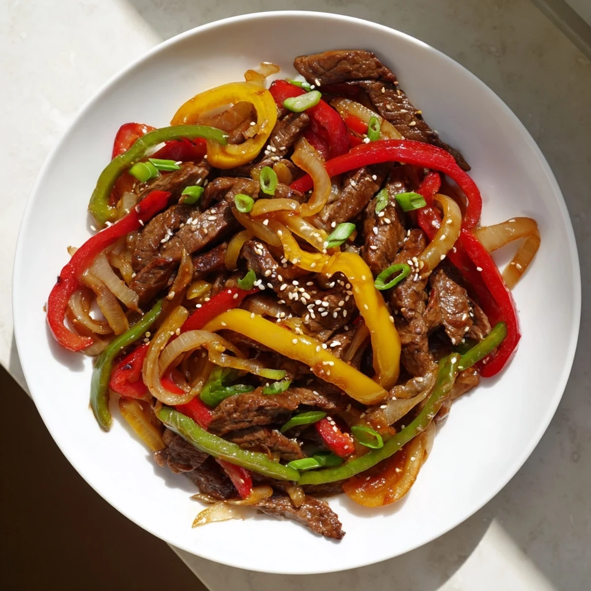 This Spicy Beef and Pepper Stir Fry is plated beside fluffy steamed rice, perfect for a busy weeknight.