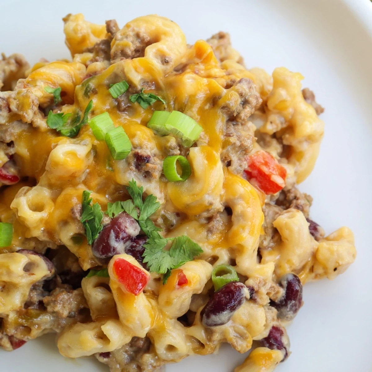 Turkey Chili Mac and Cheese served in a rustic skillet, bubbling with creamy cheese sauce, beans, and vibrant red bell peppers.