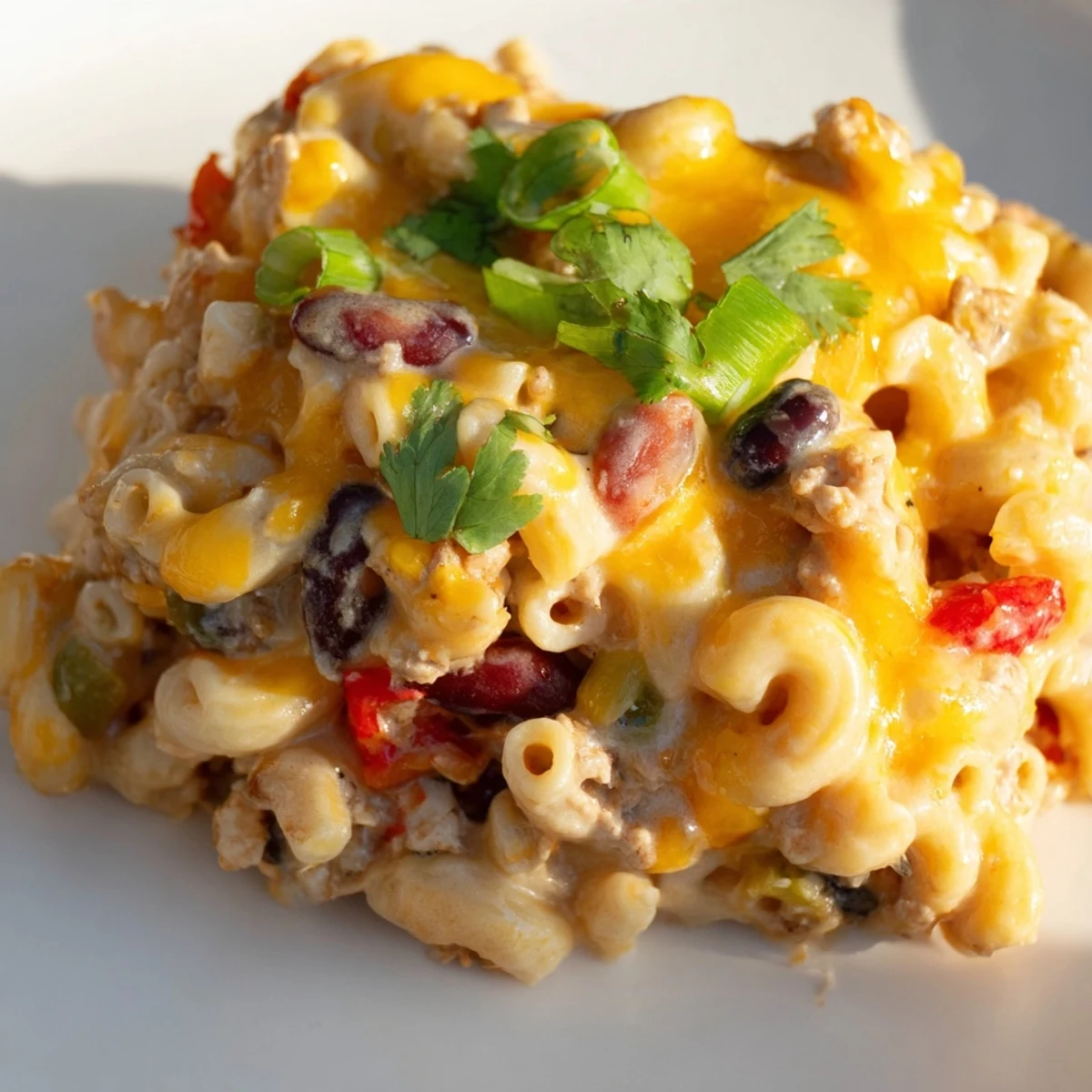 Forkful of Turkey Chili Mac and Cheese featuring savory ground turkey, elbow macaroni, and a zesty chili base, ready for dinner.