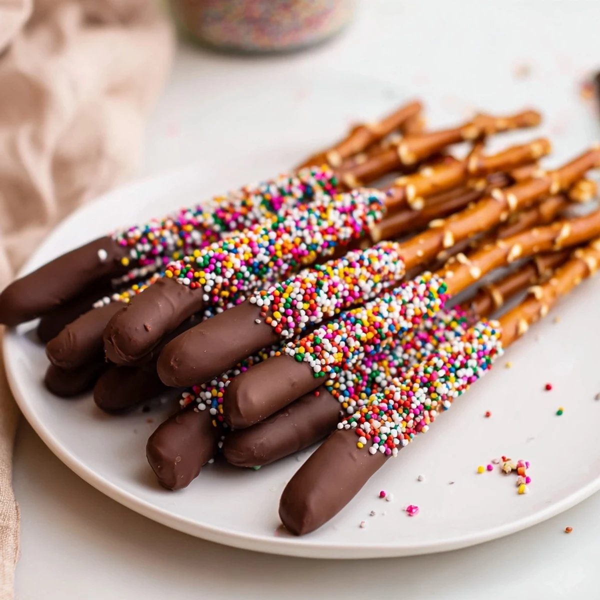 Pretzel rods dipped in chocolate with sprinkles, ready for a party platter or homemade gift bag.
