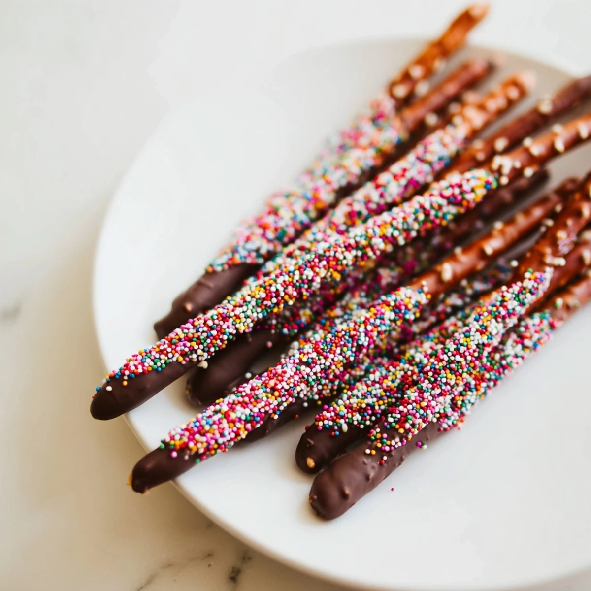A hand dips a pretzel rod into glossy melted chocolate, then sprinkles colorful toppings on a lined baking sheet.