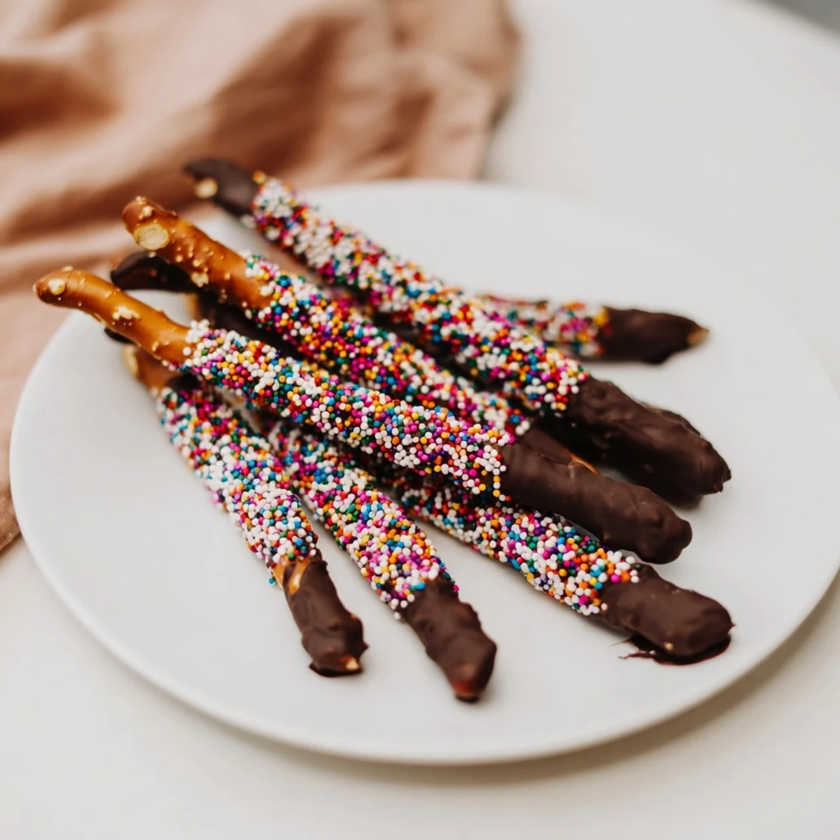 Stack of chocolate covered pretzels with sprinkles, showcasing glossy dark chocolate and vibrant candy colors.