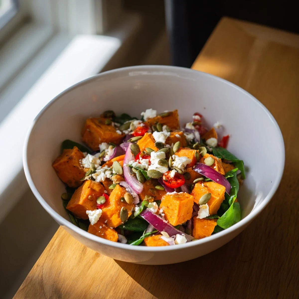 A warm Roasted Sweet Potato Salad with Lime tossed with spinach, red onion, and a zesty honey-lime dressing.
