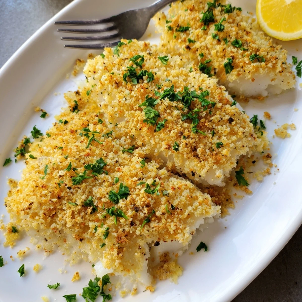 Crispy golden panko crusted baked cod fillets served with fresh lemon wedges and parsley garnish.