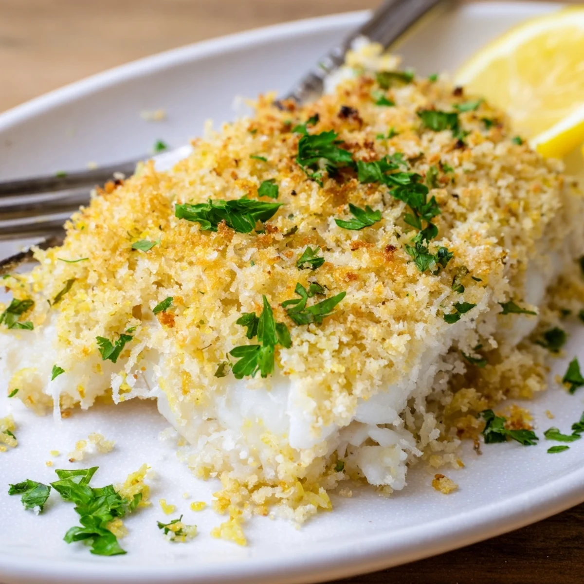 Tender white fish with a crunchy herb topping baked on a parchment lined sheet pan.