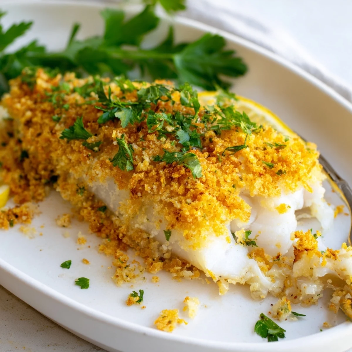 Flaky baked cod with panko crust alongside lemon wedges for a light main dish.