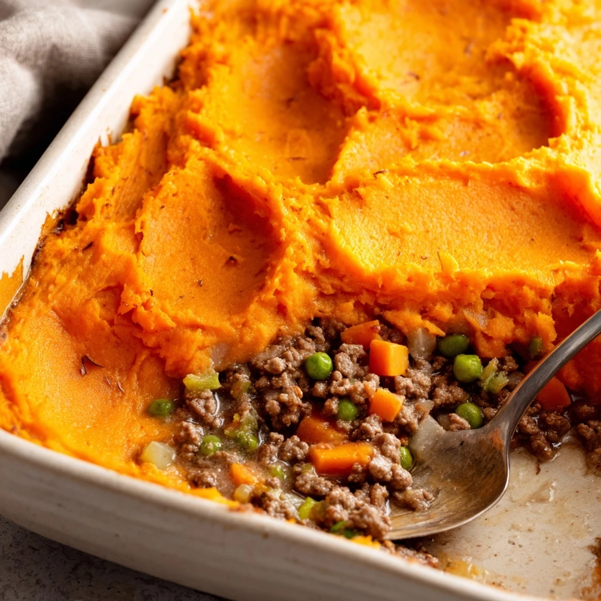 Golden, lightly browned Beef Shepherds Pie with Sweet Potato topping, baked until bubbly and served in a white casserole dish.