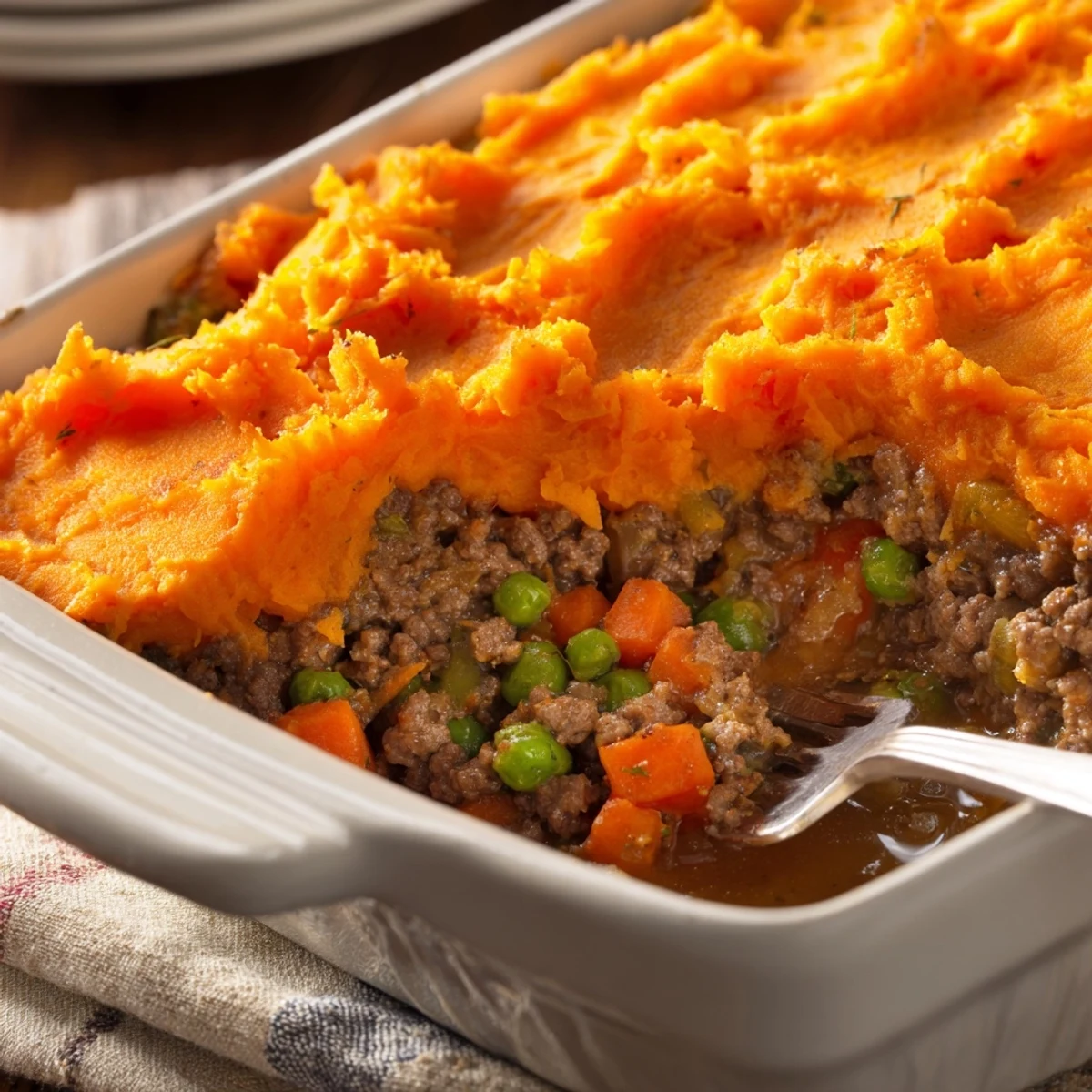 Steaming hot Beef Shepherds Pie with Sweet Potato, showcasing a fluffy orange mash crust over savory ground beef and vegetables.