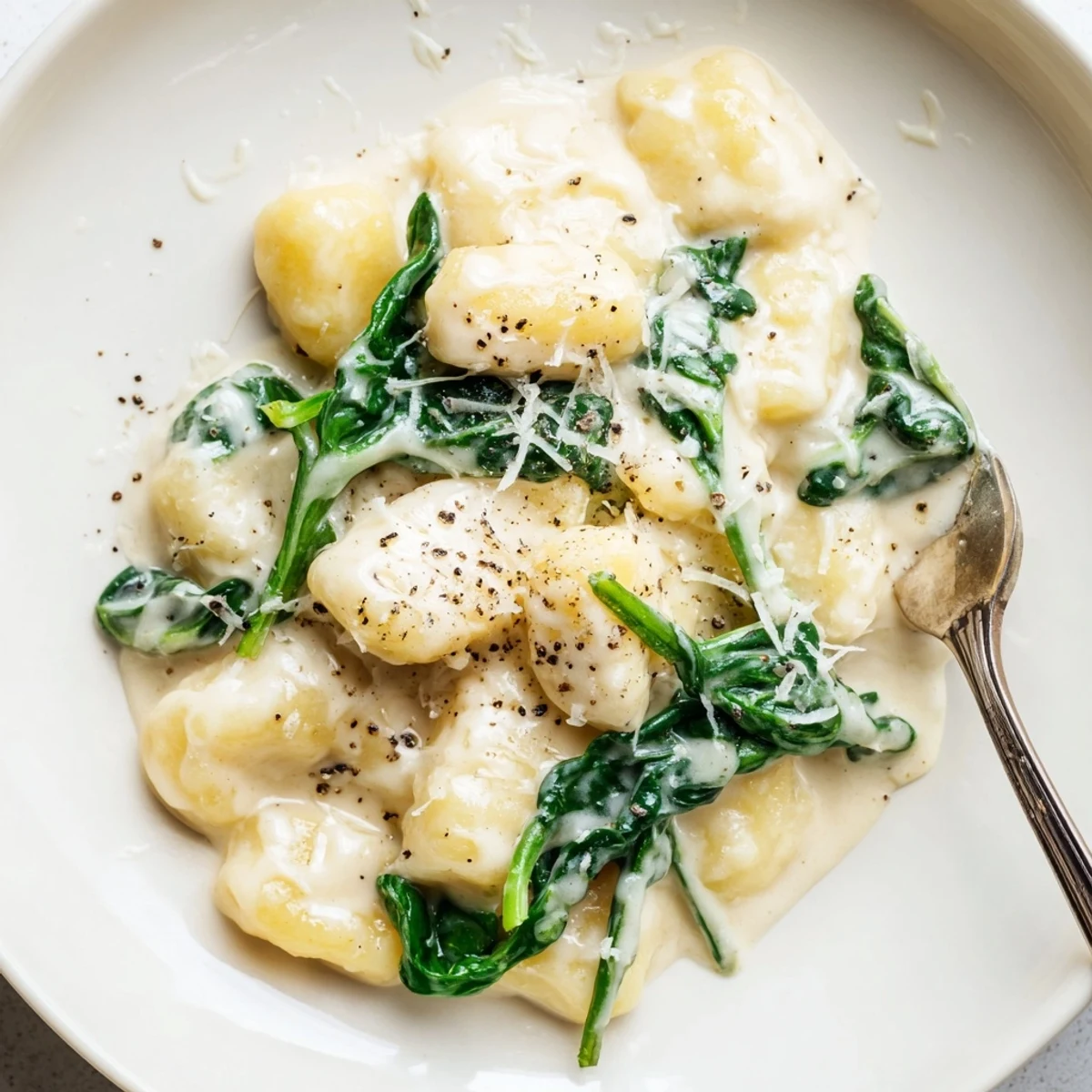 Creamy Gnocchi with Spinach served in a rustic skillet, with tender dumplings coated in rich garlic cream sauce and wilted greens.